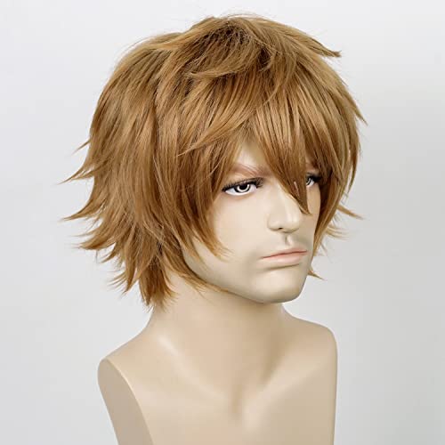 LABEAUTÉ Short Ash Brown Anime Cosplay Wig Male Men Anime Layered Unisex Heat Resistant Hair Wig with Bangs for Party and Halloween for Gift + Free Cap - color: Ash Brown
