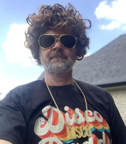ByouByou Men's Afro Curly Wig Set with Mustache Sunglasses Necklace, 70s 80s Retro Disco Costume Kit, Synthetic Curly Wig for Halloween Cosplay Party, Dark Brown - color: Dark Brown