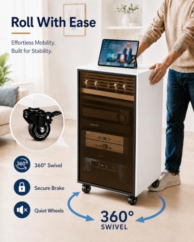 4-Tier White Media Cabinet with Glass Door & Adjustable Shelves | 198 lb Capacity, Clear Tempered Glass with Metal Frame, Ventilated Design, Cable Management, and Locking Caster Wheels - color: White, size: 4-tier
