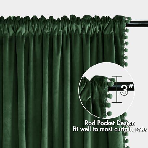 MIULEE Emerald Green Pom Pom Velvet Blackout Curtains, 52"x63" Set of 2 | Rod Pocket Curtains,Thermal Insulating,Christmas Blackout Curtains for Bedroom/Home Theater/Living Room Darkening - color: Emerald Green, size: 52"W x 63"L (Pack of 2)