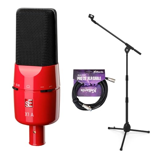 SE ELECTRONICS X1 Series Cardioid Condenser Microphone/Clip/Red/Black Grille-Limited Anniversary Edition Bundle with Kellards XLR-P20T Pro 20' XLR Microphone Cable and Microphone Stand with Boom