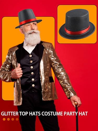 12 Pack Adults Top Hats Bulk Black Glitter Top Hat with Red Band Plastic Magician Hat for Men Women Dress Up Supply - color: Color Style 2 ( Pvc Glitter )