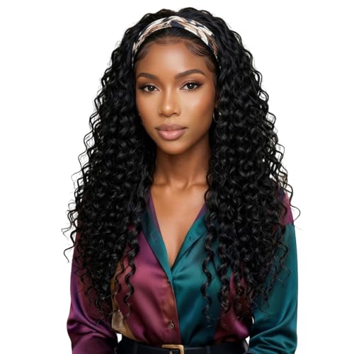 BECUS 24" Curly Headband Wig Black Everyday Style - color: A-Curly Black, size: 24 Inch