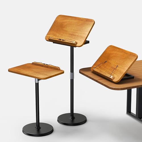 2-in-1 Floor & Desktop Book Stand with Large 16.5"x11.8" Solid Wood Panel | Height Adjustable 16.5"-51" Ergonomic Book Holder with Page Clips for Textbooks, Music Sheets, Recipes, Laptops (Rubberwood) - color: Rubberwood