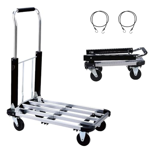 LEADALLWAY Foldable Push Cart Aluminum Alloy Platform Cart with 4-Wheel,Adjustable Length,330-LB Capacity(with 2 Ropes) | 4-Wheel,Adjustable Length,330-LB Capacity with 2 Ropes