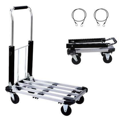 LEADALLWAY Foldable Push Cart Aluminum Alloy Platform Cart with 4-Wheel,Adjustable Length,330-LB Capacity(with 2 Ropes) | 4-Wheel,Adjustable Length,330-LB Capacity with 2 Ropes