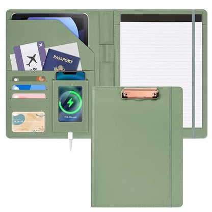 Ospelelf Faux Leather Clipboard with Storage Foldable Clipolio with Notepad 8.5 x 11, Green Business Padfolio Portfolio for Women - color: Green