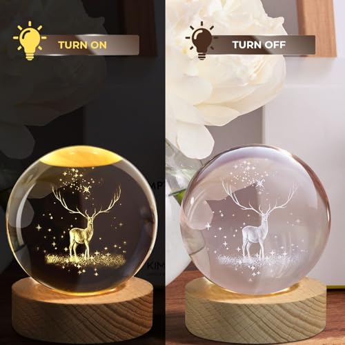 Flexzion 3D Elk Crystal Ball Night Light - LED Light Hologram Glass Lamp with Solid Wood Base, USB Powered Crystal Ball Lamp with Adjustable Brightness for Home Decor Display Gift, 2.4inch(60mm) | Elk Lamp with Solid Beech Wood Base and Adjustable Brightn