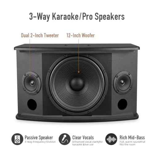 Elimavi 12" 3-Way Karaoke Speakers Pair, 1600W Peak, Built-in Crossover - size: 12 Inch