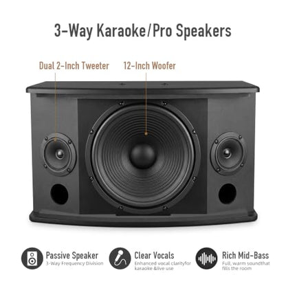 Elimavi 12" 3-Way Karaoke Speakers Pair, 1600W Peak, Built-in Crossover - size: 12 Inch