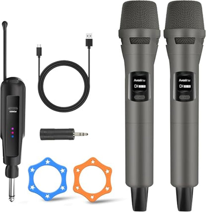 Aveek Wireless Microphone 2-Pack, 100ft Range,10Hs Battery for Karaoke | Rechargeable Receiver and Mics, Clear Sound, Noise Cancellation, Amps Via 6.35/3.5Mm, for Church, Party, Wedding, DJ & Events - color: Gray