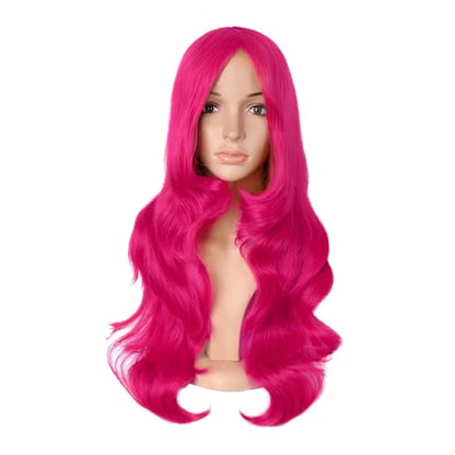 MapofBeauty 24 Inch Long Wavy Side Bangs Party Anime Cosplay Wig, Hot Pink | 60 cm Synthetic Fiber Wig, Women, Charming - color: Hot Pink