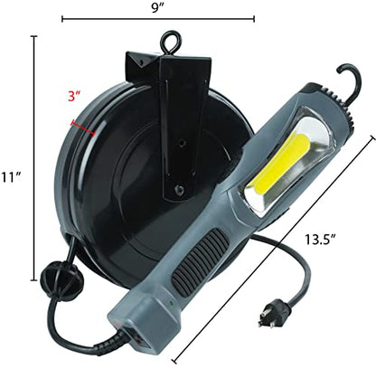 Alert ProReel 5030AM Retractable Cord Reel w/LED Work Light | 30' - 16/3 SJTOW Task Light Cord | 14W LED Shop Light Provides 1500 Lumens | Grounded Outlet with On/Off Handle Switch