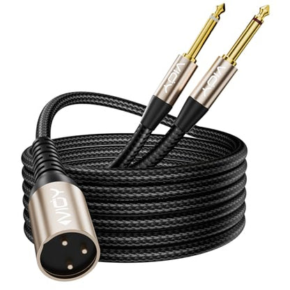 VIOY XLR to Dual 6.35mm Cable 15 FT, Balanced 1/4 TS to XLR Male Mic Cord | multi-layer shielding noise reduction, nylon braided balanced cord splits single mono signal into two mono outputs - size: 15FT