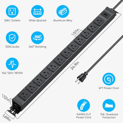 HHSOET 360° Rotating 12 Outlet Mountable Power Strip, Aluminum Alloy Long Power Strip,1200J, Heavy Duty Wall Mount Surge Protector with Switch, 3ft Power Cord - size: 3FT