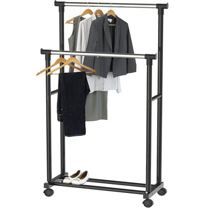 Simple Houseware Double Rods Clothing Hanging Rack on Wheels, Black