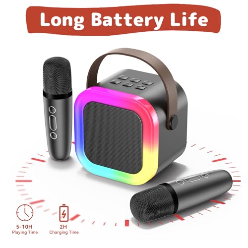 Karaoke Machine for Kids Adults, Mini Karaoke Machine with 2 Wireless Microphones, Portable Bluetooth Speaker with Voice Changing Effects & LED Lights, Best Gifts Toys for Girls and Boys - color: Black