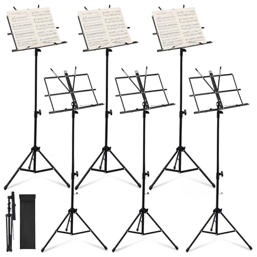 Threehoney 6 Pack Portable Folding Music Stand with Carrying Bags, Dual Use Metal Desktop Book Holder, Adjustable Height 25.6–59", Stable Tripod for Musicians, Students & Band(Black) - color: Black