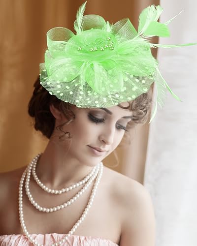 Fascinator Tea Party Hat Women 20s 50s Wedding Cocktail Flower Mesh Feathers Hair Clip for Carnival Halloween - color: A-light Green