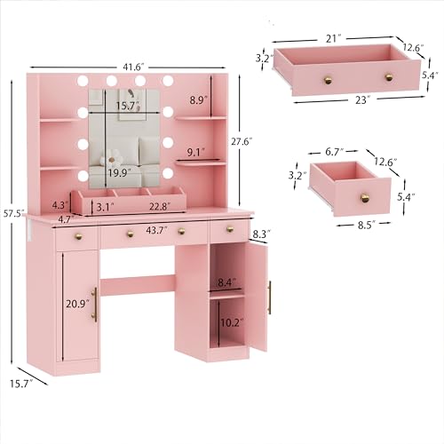 HUANLEGO Vanity Desk with Mirror and Lights, Makeup Vanity with Mirror and LED Lights & Power Outlet, 3 Drawers and Cabinets, 3 Lighting Modes Dressing Table Set for Girls Women Bedroom,Pink - size: 43.7x15.7x57.6 in, style: Pink