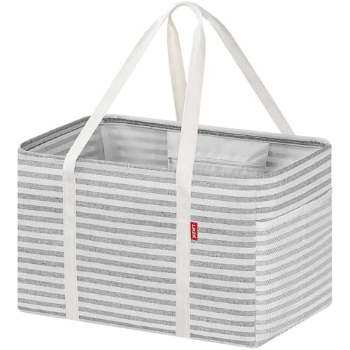 LHZK Standing Utility Tote Bag with Metal Wire Frame and the Sides Rinforced, Large Tote Bag with Handle, Reusable Grocery Bags Foldable, Beach Bag, Car Tote (Gray, 18.5''x11.8''x11.5'') - color: Gray, size: 18.5''x11.8''x11.5''-1 Pack