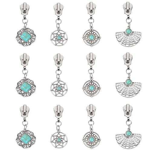 Sparkeads 16Pcs Turquoise Alloy Zipper Replacement Slider,Antique Silver Zippers Sliders for Sewing,Metal Zipper Pull Replacement for DIY Craft Bag Luggage Clothing Wallet Jacket Supplies-Circular - style: Circular