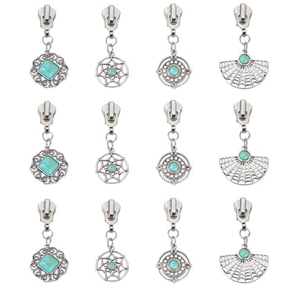 Sparkeads 16Pcs Turquoise Alloy Zipper Replacement Slider,Antique Silver Zippers Sliders for Sewing,Metal Zipper Pull Replacement for DIY Craft Bag Luggage Clothing Wallet Jacket Supplies-Circular - style: Circular