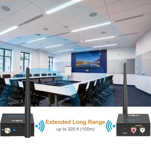 1Mii 2.4Ghz Wireless Audio Transmitter Receiver Set (1 TX + 1 RX) for TV | 320FT Long Range 20ms Low Delay HiFi Audio w/RCA(3.5mm AUX) Out/In, Wireless Adapter Kit for Powered Speaker/Stereo/Soundbar - size: 2 in 1