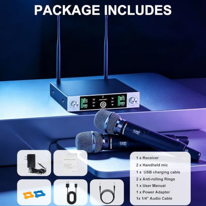 Wireless Microphone System with 400ft Receiving Distance for Singing | 2.4 Automatic Channel Connection Professional Metal 2 Wireless Microphones for Singing Karaoke DJ Church