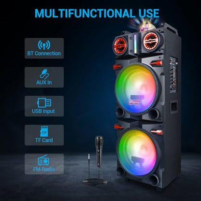 Portable Wireless Party Bluetooth Speaker with Dual 10" Woofers | 80W Rechargeable PA System with Bass/Treble, Wired Microphone, Flashing Light, TWS, FM, REC, Telescopic Pull Rod, Wheels - size: Dual 10'' Woofers
