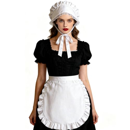 2Pcs Women Vintage Colonial Costume Accessory Set, White Bonnet & Waist Apron, Pioneer Amish Pilgrim Cosplay Outfit for Adult Halloween Renaissance Fair