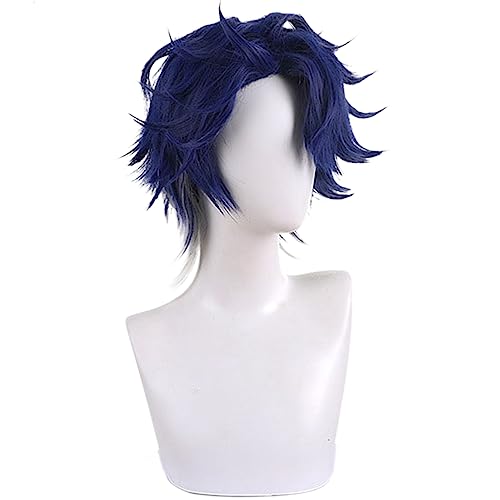 Anime Blue Grey Gradient Wigs Men Short Straight Wig with Side-Part Bangs Layered Haircut Game Salesman Cosplay Wigs Halloween,Christmas,Comic con,Game Show,Party - color: Deep Blue