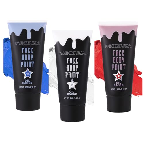 US Flag Red White Blue Face Paint, Blendable Cream Body Painting Kit, Eye Black for Sports, Facepaint for Clown Joker Demon Devil Vampire Halloween Makeup, Cosplay, Costume, Parties, Stage, Theater