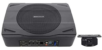 Rockville SS8P 8" Powered Under-Seat Car Subwoofer with RWK10 Amp Kit | 400W Peak / 100W RMS, RCA and High-Level Inputs, Auto Turn-On, Bass Knob, 10 Gauge 100% Copper Wiring, 2-Items