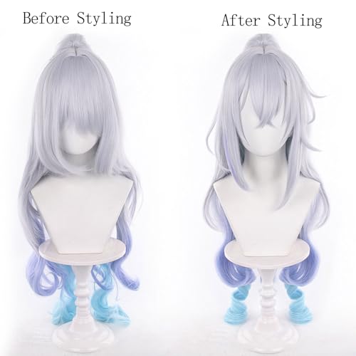 Lv999 Silver Wolf Grey Gradient Sky Blue Lake Blue Women Long Curly Hair,Split Tiger Clip Anime Game Halloween Party Costume with Free Hairnet - color: Grey Gradient Sky Blue