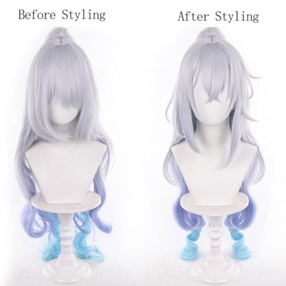 Lv999 Silver Wolf Grey Gradient Sky Blue Lake Blue Women Long Curly Hair,Split Tiger Clip Anime Game Halloween Party Costume with Free Hairnet - color: Grey Gradient Sky Blue