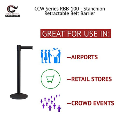 CCW Series RBB-100 Retractable Belt Barrier Stanchions, 2-Pack, Satin Brass - color: Black with White Horizontal Stripe, size: 7.5 Foot