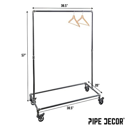 PIPE DECOR 39” x 20 ¼” x 58” Rolling Steel Pipe Clothing Rack, Commercial or Residential Industrial Clothes Display, Heavy Duty Black Steel Metal Wheeled Garment Frame - size: 39 in. x 58 in.