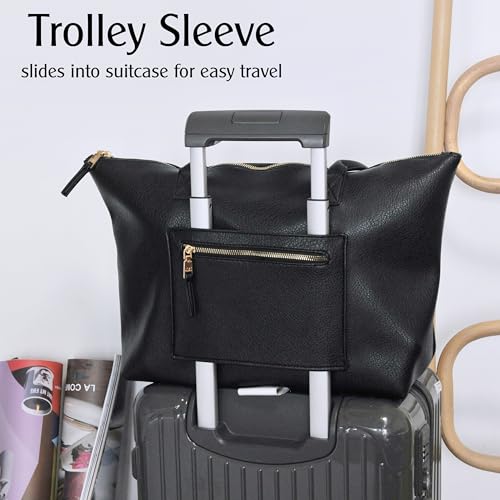 HOXIS Tote Bag for Women with Zipper Vegan Leather Handbag with Trolley Sleeve Travel Weekender Carryall Bag - color: Black