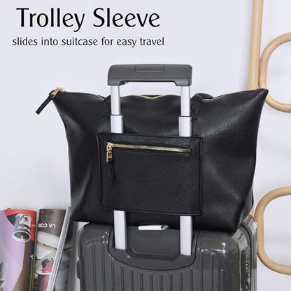 HOXIS Tote Bag for Women with Zipper Vegan Leather Handbag with Trolley Sleeve Travel Weekender Carryall Bag - color: Black