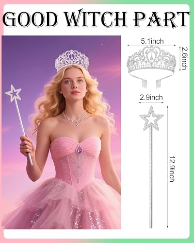 6 Pcs Halloween Green & Good Witch Costume Accessories Set Black Witch Hat, Broom, Green Gloves, Leggings, Princess Crown and Star Wand for Women Friends Musical Theater Cosplay Party