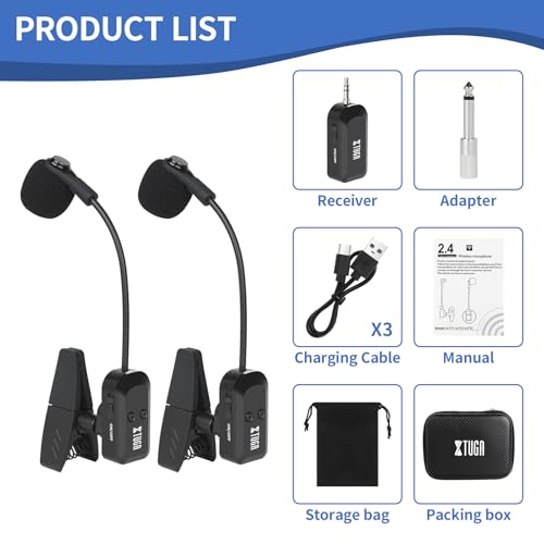 XTUGA Wireless Saxophone Microphone System 2.4G Rechargeable Clip-On Wireless Instrument Microphone, Trumpet, Trombone Brass, 6 Hours Battery (KX-721-2)