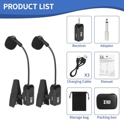 XTUGA Wireless Saxophone Microphone System 2.4G Rechargeable Clip-On Wireless Instrument Microphone, Trumpet, Trombone Brass, 6 Hours Battery (KX-721-2)