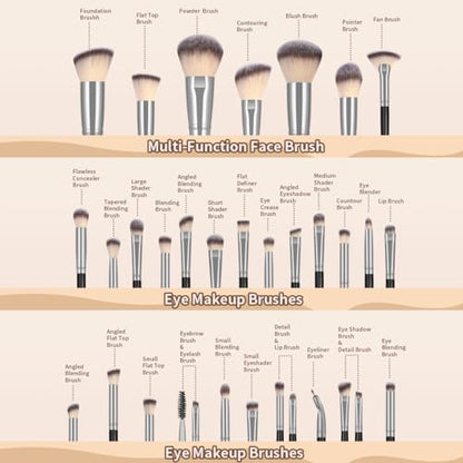 MAANGE 30pcs Professional Makeup Brush Set With Velvet Bag&5pcs Beauty Blender&2pcs Makeup Remover Puff&5pcs Triangle Powder Puff&3pcs Mini Thumb Puff&Toiletry Bag&2pcs Cleaning Mat (Blacksliver) - color: 49pcs-Blacksliver