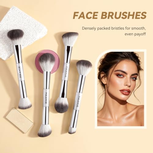 MAANGE 13 Pcs Foundation Makeup Brush Set With Bag, Make up Brushes, Double-End Multi Functional Makeup Brushes, Professional Face Brush Set Tools For Liquid Powder Concealer Cream Blush (Silver) - color: Silver