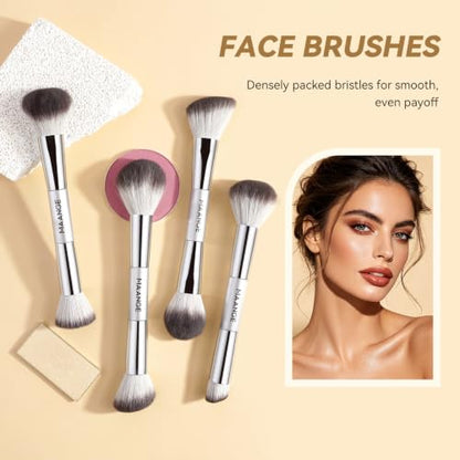 MAANGE 13 Pcs Foundation Makeup Brush Set With Bag, Make up Brushes, Double-End Multi Functional Makeup Brushes, Professional Face Brush Set Tools For Liquid Powder Concealer Cream Blush (Silver) - color: Silver