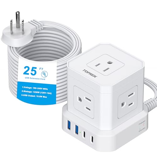 TOPREK Power Strip 25 FT Extra Long Extension Cord | Flat Plug Surge Protector (700J) with 5 Outlets, 2 USB-C, 2 USB-A for Apartment, Home Office, Recreational Vehicle - color: White-25FT