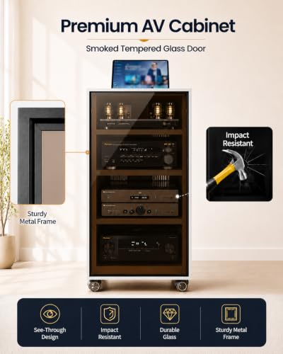4-Tier White Media Cabinet with Glass Door & Adjustable Shelves | 198 lb Capacity, Clear Tempered Glass with Metal Frame, Ventilated Design, Cable Management, and Locking Caster Wheels - color: White, size: 4-tier