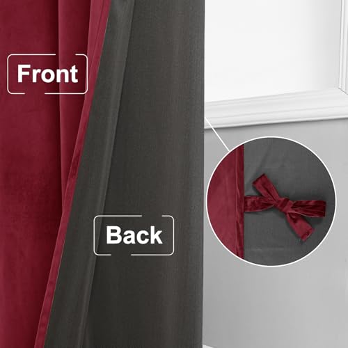 JIUZHEN Red Velvet Blackout Curtains 42W x 63L 2 Panels with Tiebacks - color: Wine Red, size: 42"W x 63"L (Pack of 2)