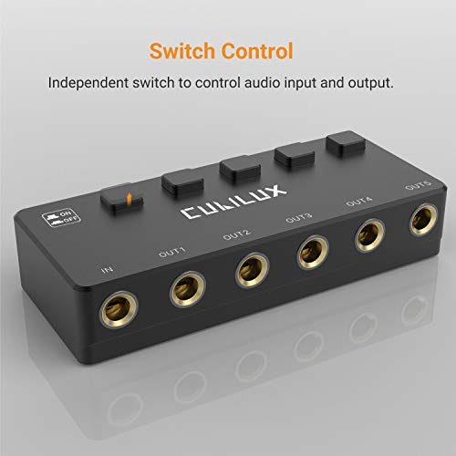 5-Way 6.35mm Stereo Audio Splitter with Switch, Passive Multi 1/4” AUX Distributor, Quarter Inch TRS Splitter Box/HUB for Instrument Cable, Headphones, Speaker, Guitar, Keyboard, Pedal - color: Black, Switcher Control